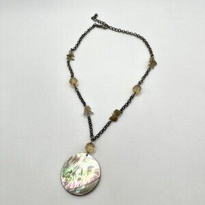 Boho Mother of Pearl Pendant Necklace Citrine-Colored Beads Artisan Nautical